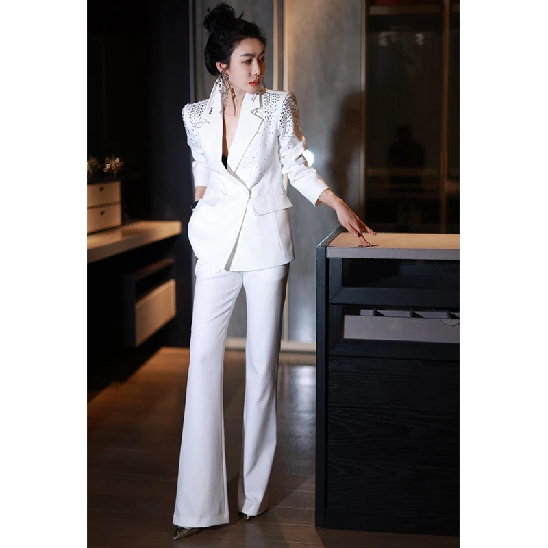 法式秋冬女套装重工烫钻白色商务西服修身职业宴会西装女总裁西装