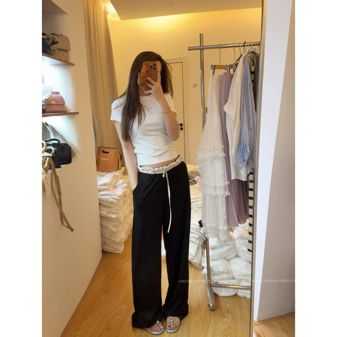 2408/175高个子加长美式冰丝阔腿裤女垂感拼接抽绳宽松休闲拖地裤