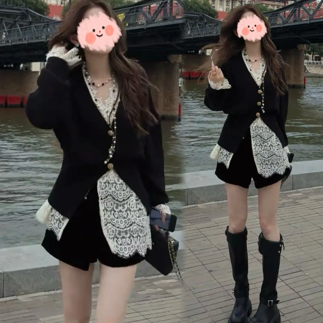 早秋慵懒风穿搭2025法式时尚洋气针织毛衣外套女纯欲减龄蕾丝衬衫