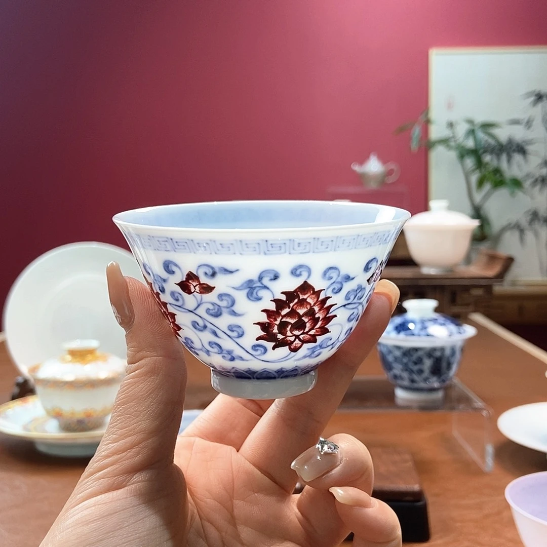 山月闲薄胎脱胎瓷微瑕青花釉里红主人杯