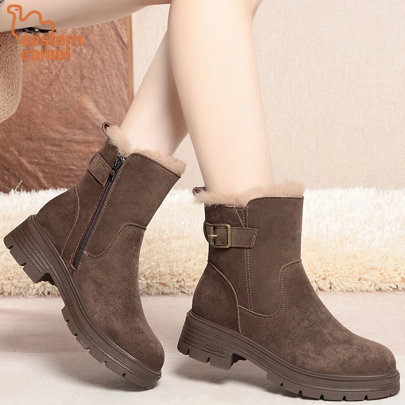 东方骆驼秋冬新款加绒保暖马丁靴厚底弹力靴女瘦瘦靴粗跟马丁靴