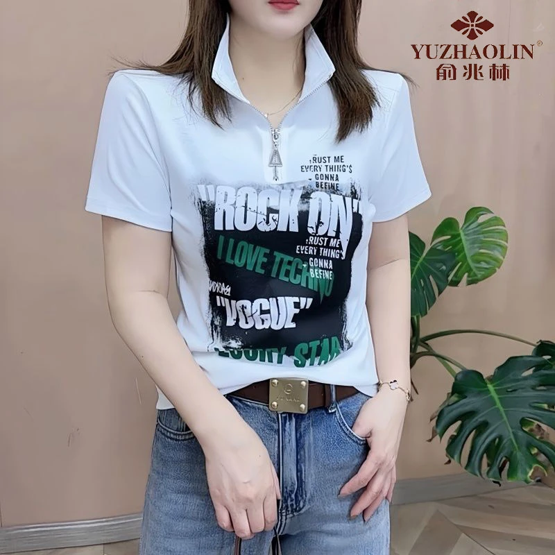 俞兆林新款夏季休闲百搭妈妈上衣潮流时尚修身显瘦半拉链翻领短袖
