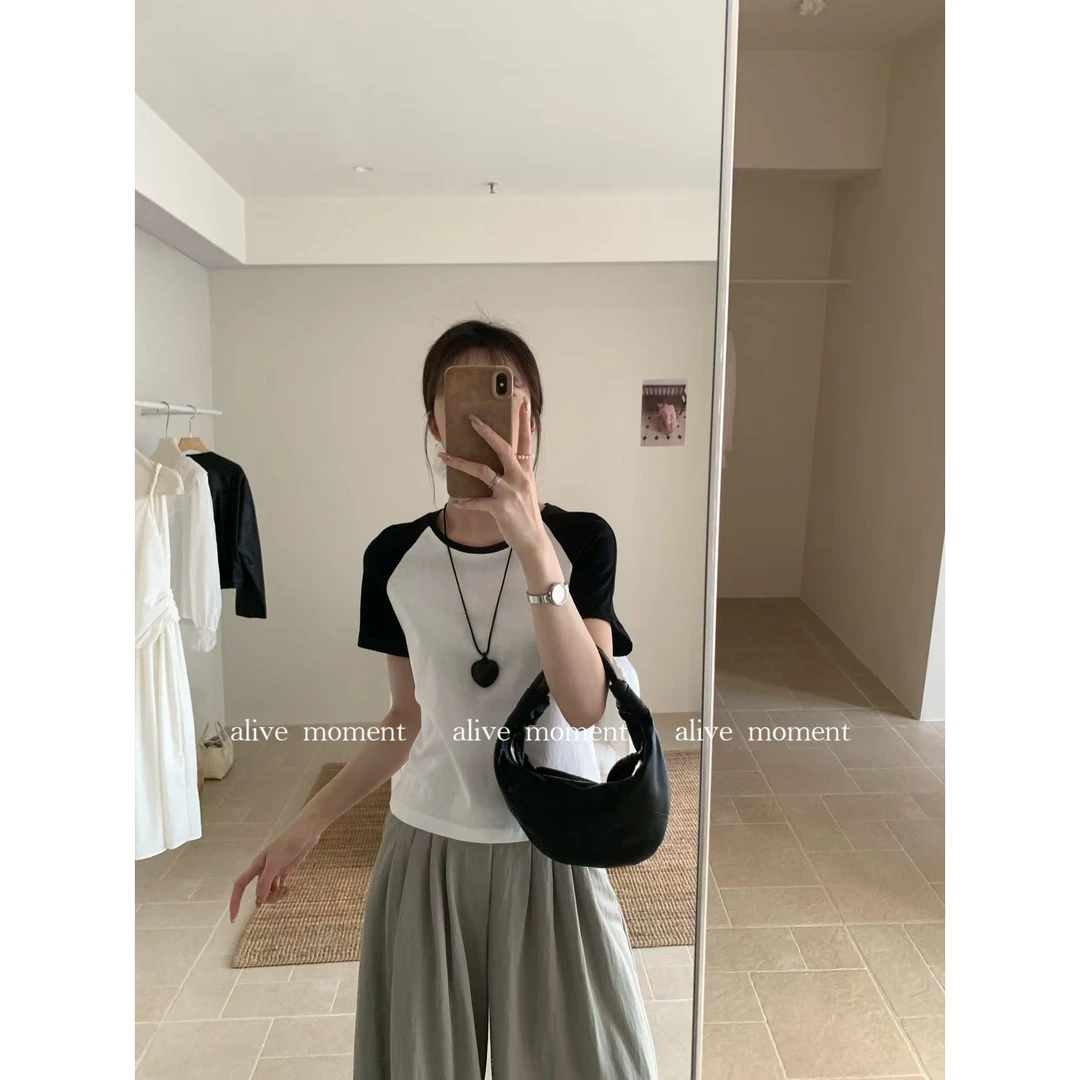 55571#ALIVE#好喜欢这款超韩气小调性撞色收腰上衣(福利)