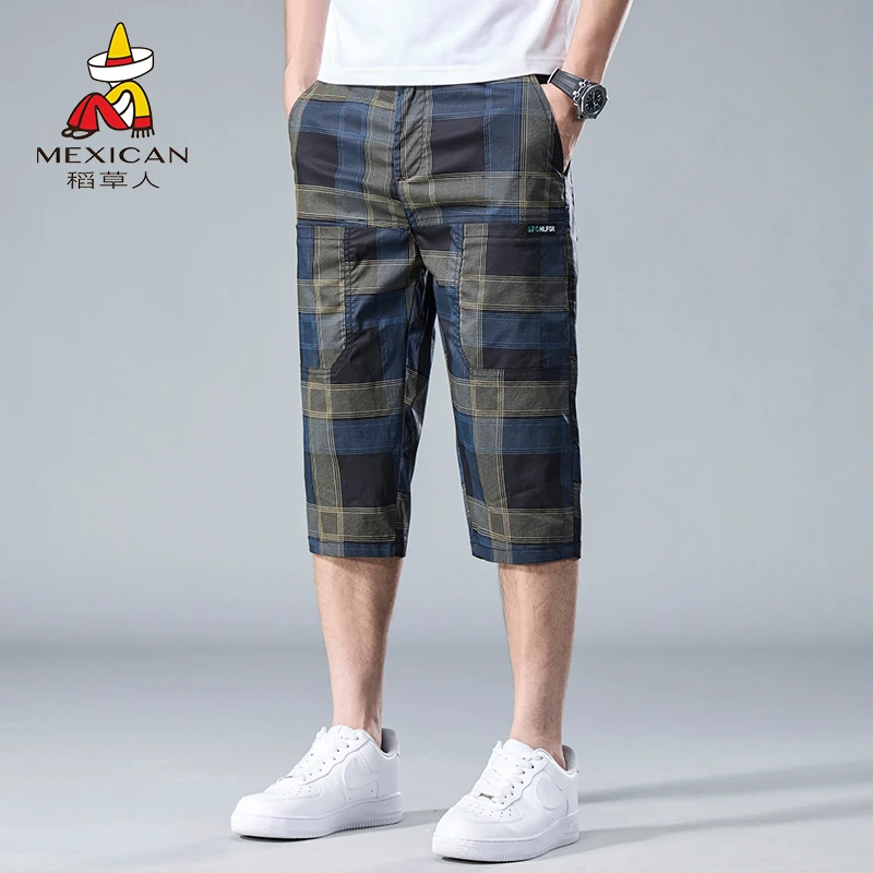 稻草人格子休闲裤男士裤子春夏季薄款潮流宽松七分直筒运动裤男款