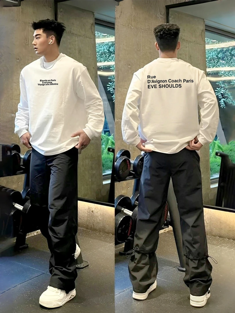 【重磅纯棉】潮牌品质长袖T恤春秋字母男装圆领宽松休闲打底衫T