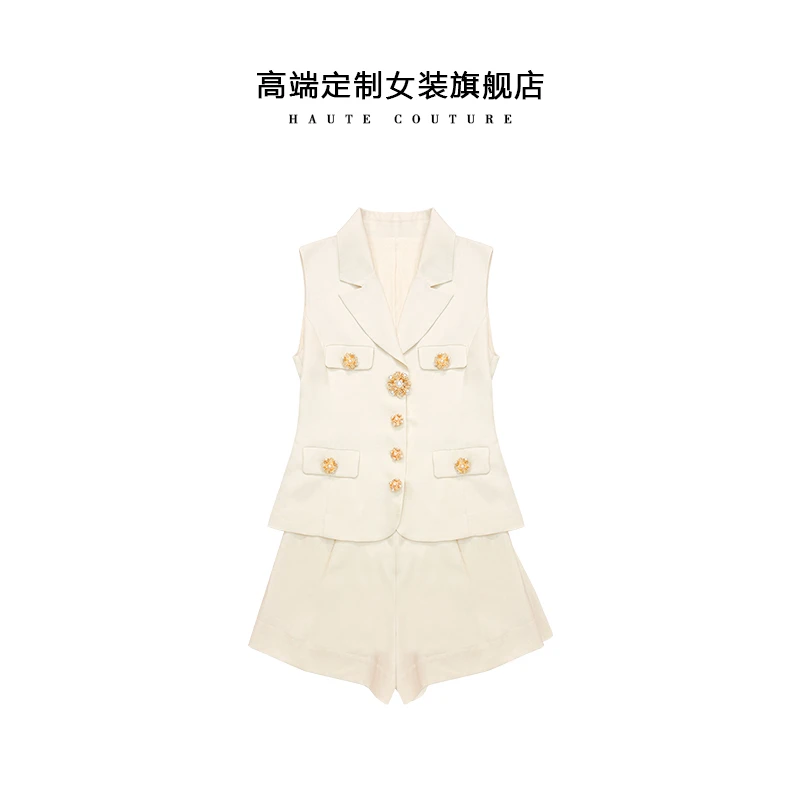 筱翊定制】女装亚麻无袖马甲修身上衣翻领开衫高腰短裤连体套装