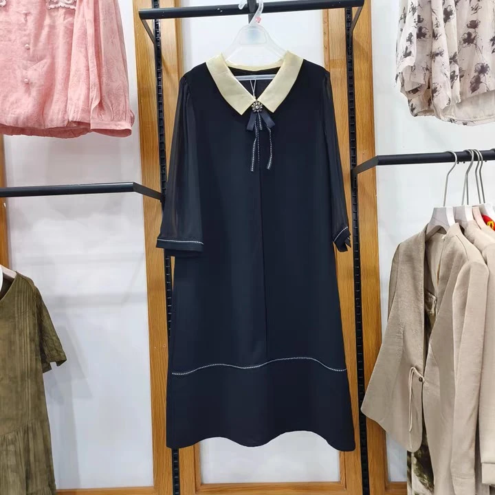 【HQ987】雪纺娃娃领黑色连衣裙2025新款高级感修身显瘦减龄裙