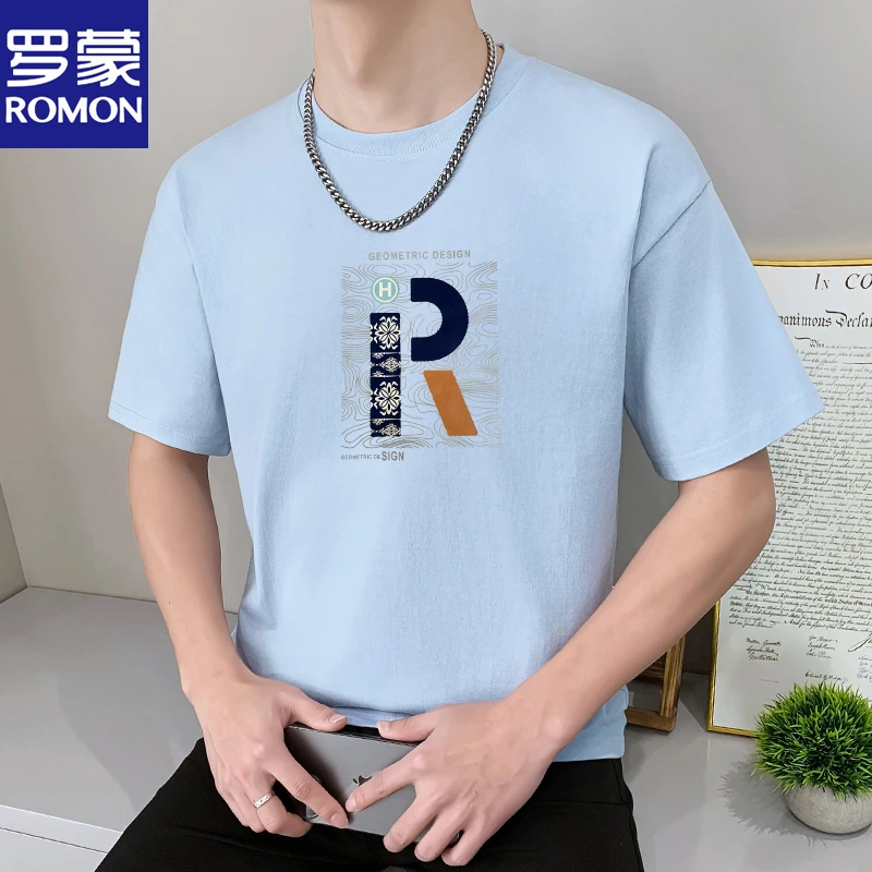 Romon/罗蒙夏季白色纯棉男士短袖透气印花圆领宽松T恤落肩袖半袖