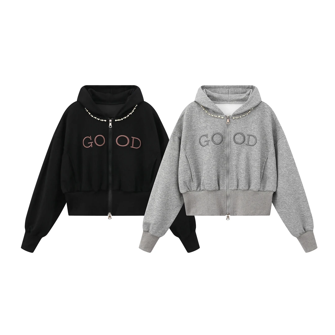 TOM潮 美式复古休闲风刺绣字母钉珠设计开衫连帽卫衣短外套修身