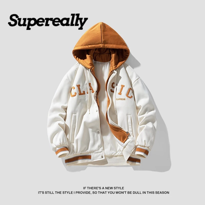 supereally春秋季新款两件连帽外套宽松休闲卫衣青少年棒球服美式