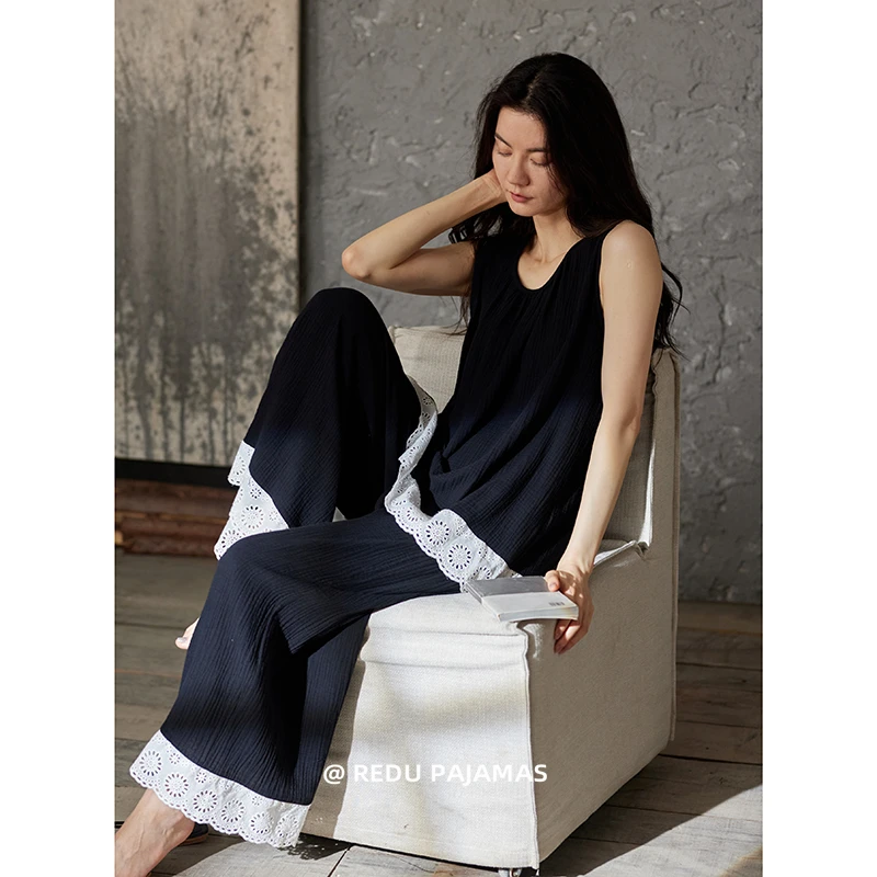 【透气】热妒睡衣女夏季纯棉纱布无袖背心长裤黑色带胸垫可外穿套装