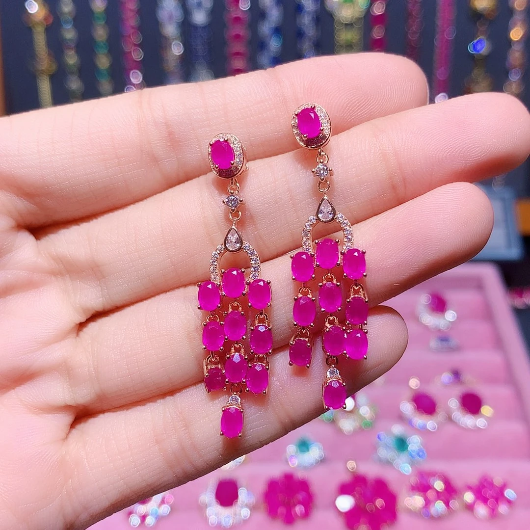 红宝石耳饰银S925镶嵌