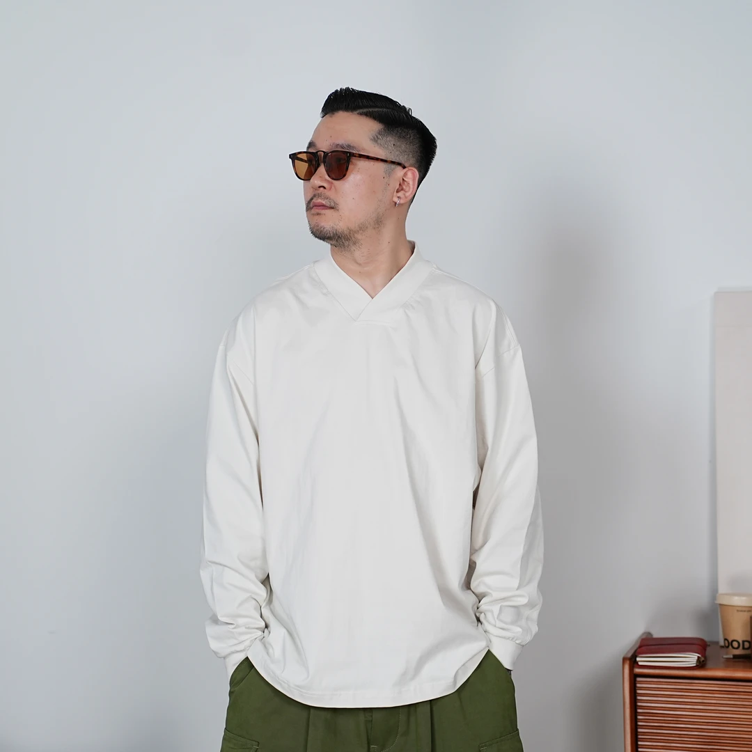 25FW早秋传统汉服V领长袖T恤复古休闲宽松纯色打底衫中国风长袖