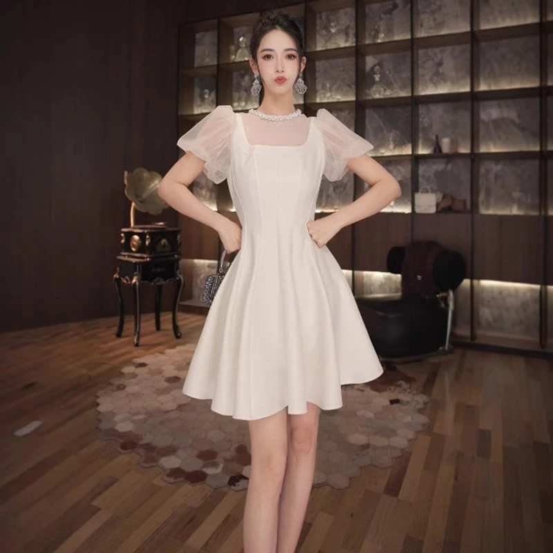 欧洲站小个子连衣裙夏季法式泡泡袖气质高级感网纱拼接收腰a字裙