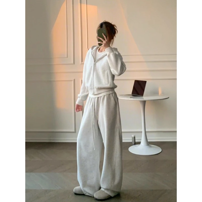 高级感休闲运动套装女2025秋冬新款慵懒风开衫卫衣阔腿长裤两件套
