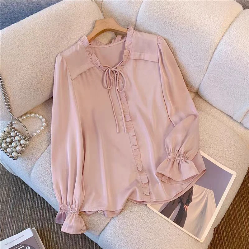 韩版气质荷叶边系带长袖衬衫纯色遮肉显瘦上衣2502(B16-7)