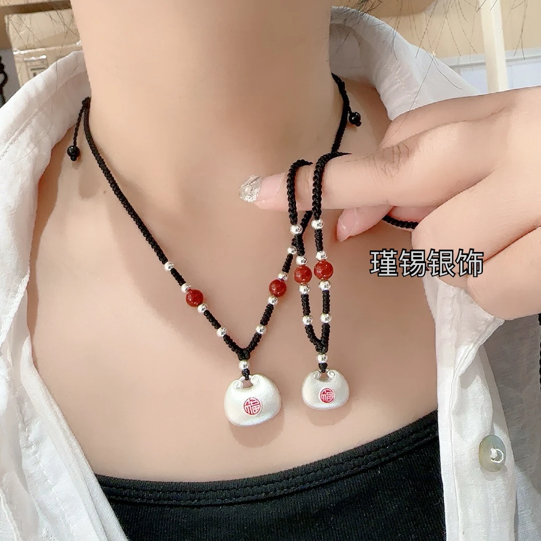 吊坠足银 足银胖福实心福袋简约纯手工编织时尚百搭民族风