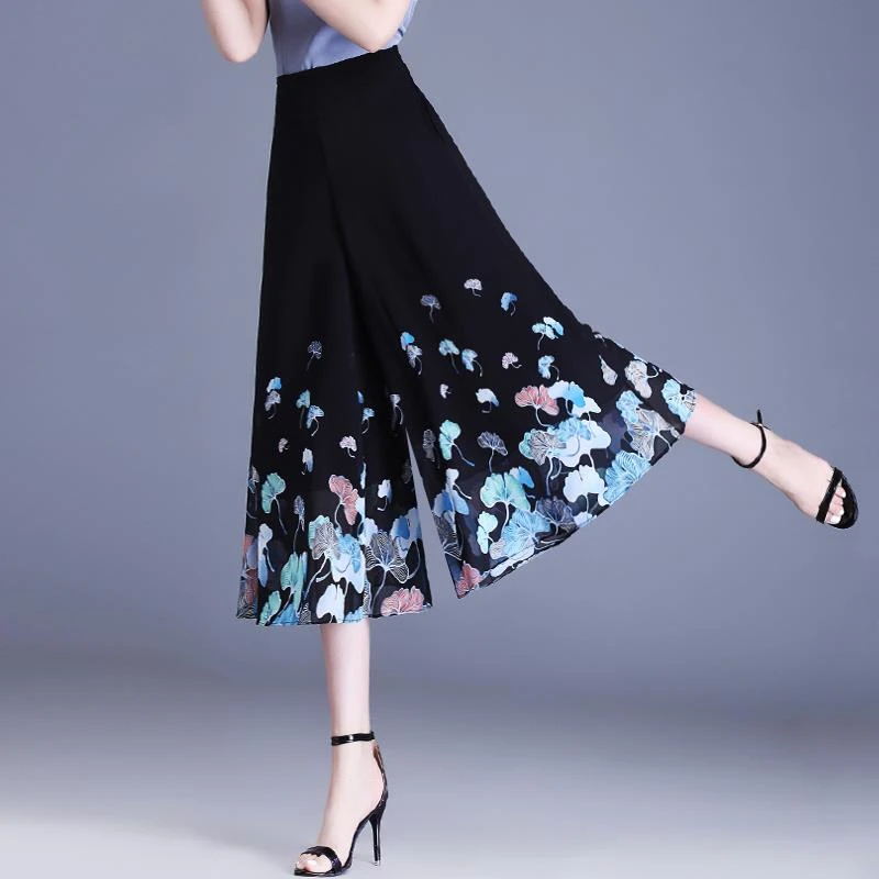 七分裤夏季薄款女印花裤子裙裤2025新款小个子雪纺阔腿裤宽松裤裙