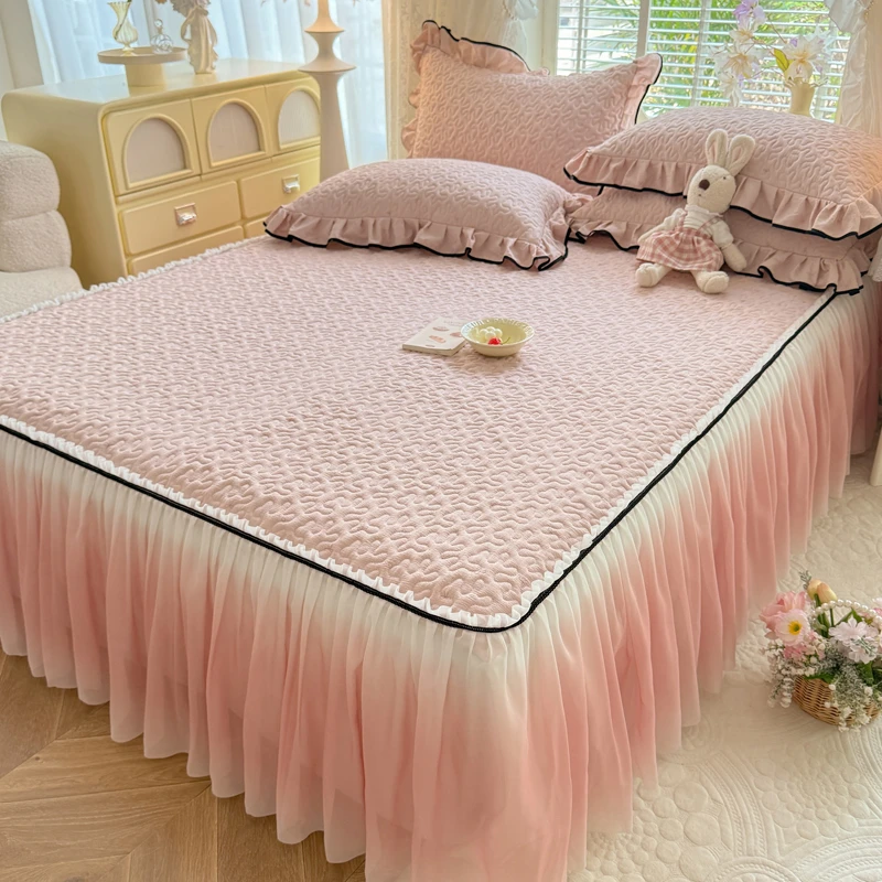 2025新款双层纱夹棉床裙带裙边公主风床单床罩床垫保护罩防滑床盖