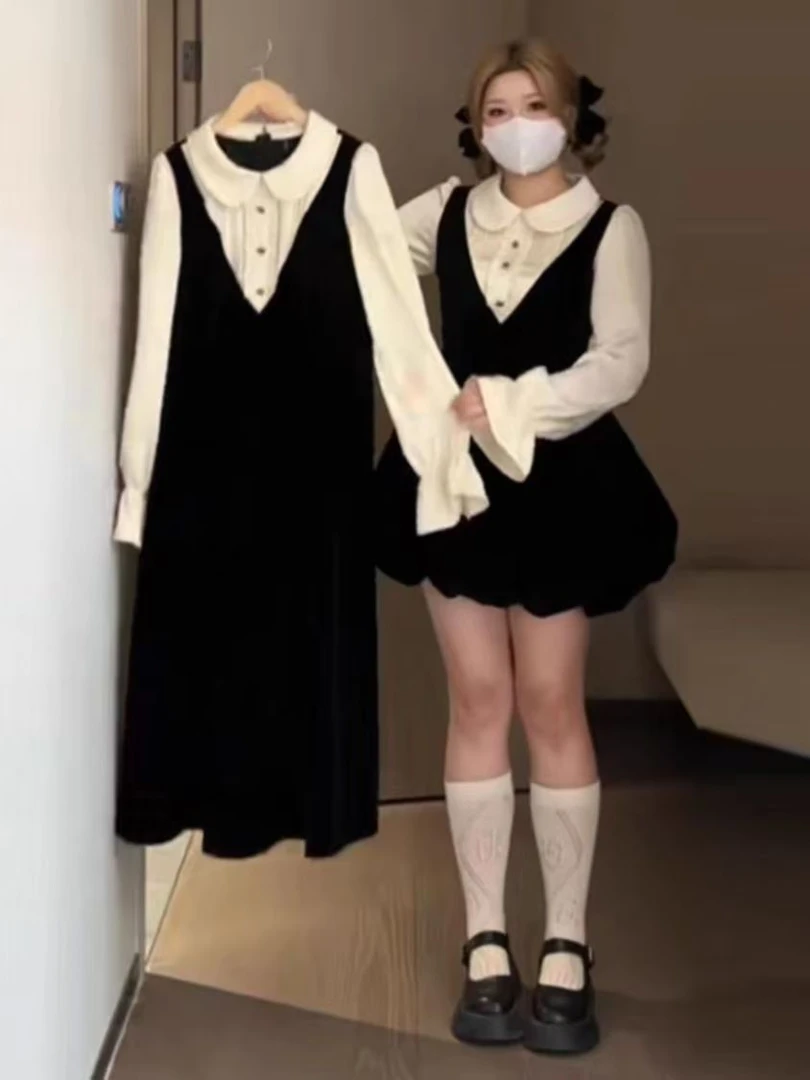 【团团女装】微胖大码女装学院纯色连衣裙裙子女装