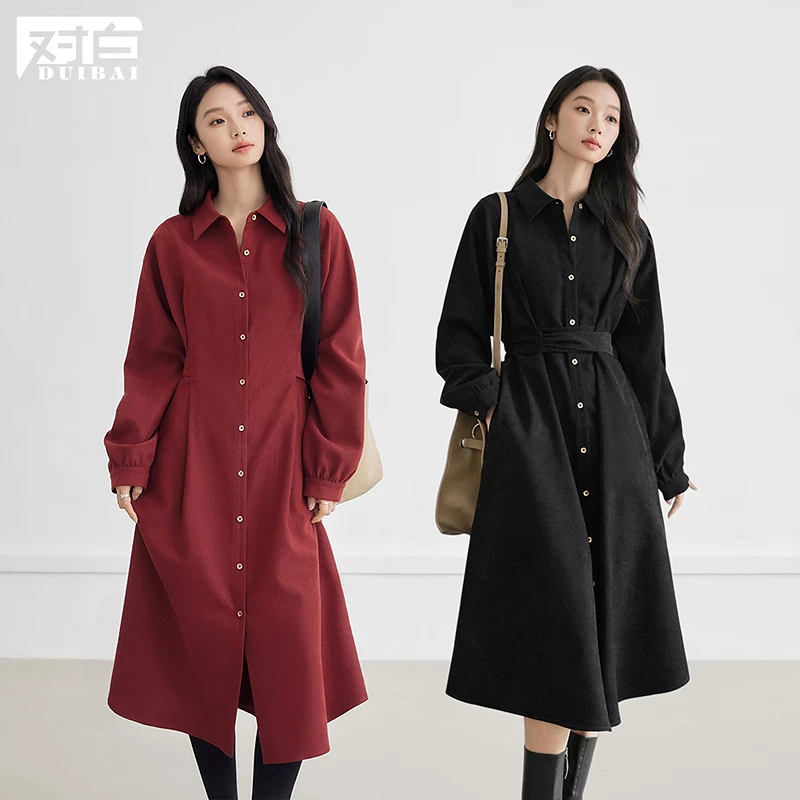 对白高级感红色长袖衬衫连衣裙女2025冬新款气质通勤宽松显瘦长裙