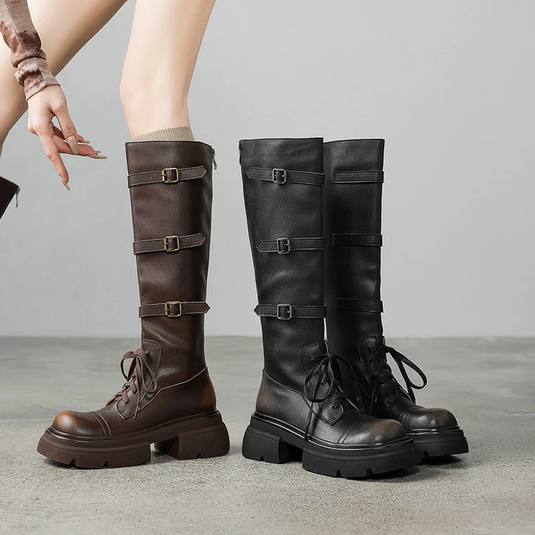 美拉德长筒靴酷帅风厚底时尚骑士靴英伦风套筒搭扣机车靴不过膝