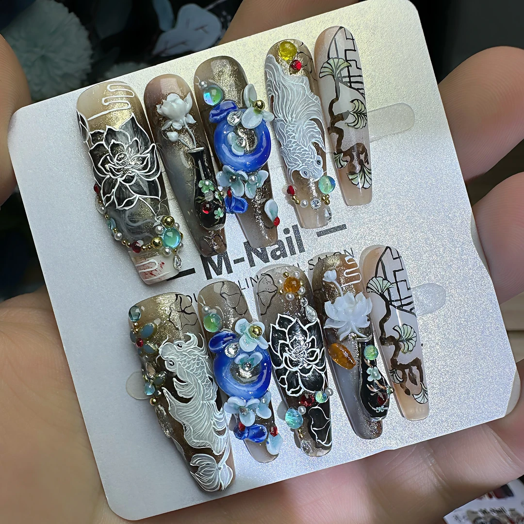 【新款】【锦麟荷韵】M哥纯手绘水彩雕花新中式显白穿戴甲
