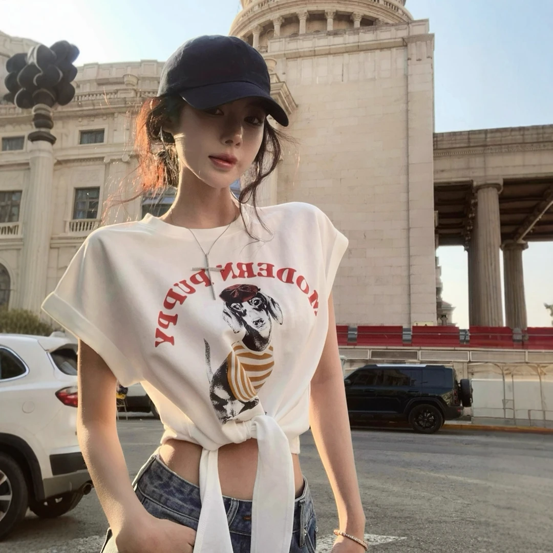 美式复古绑带印花白色短袖T恤女夏设计感不规则辣妹短款显瘦上衣