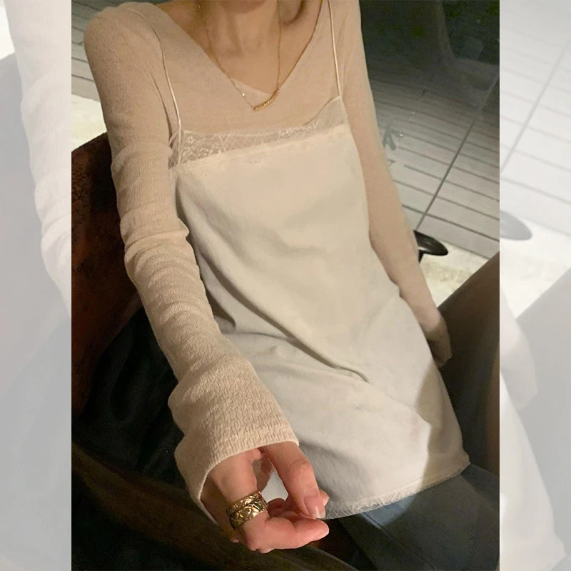 独特漂亮内搭白色针织小衫女装秋冬洋气百搭打底衫吊带两件套上衣