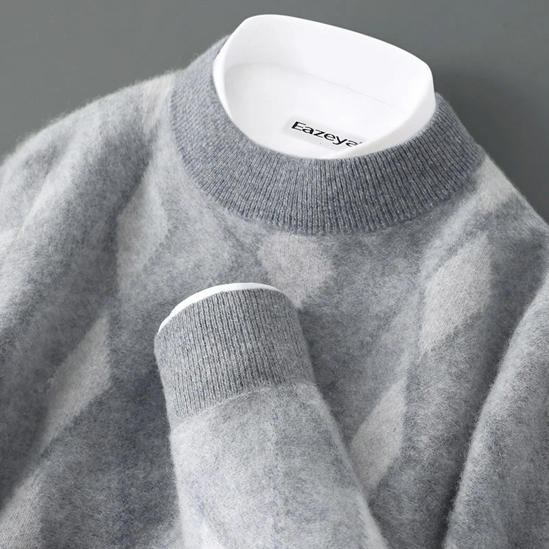 潮男大爱！男士羊绒衫半高领菱形提花毛衣宽松休闲撞色针织打底衫