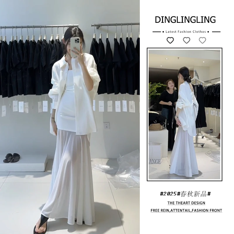 2025年春秋季款韩穿搭套装女宽松褶皱露背衬衫吊带连衣裙两件套潮