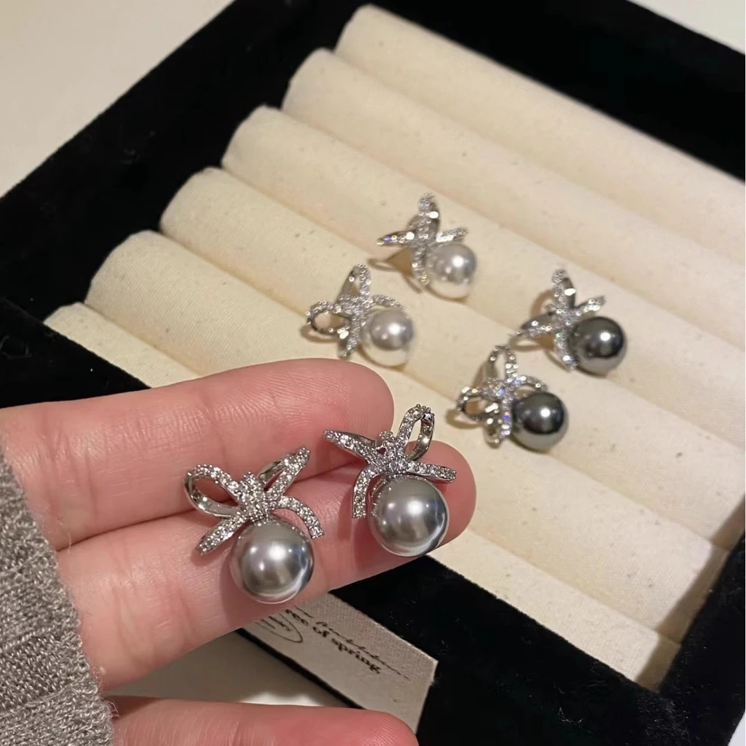铜合金仿珍珠耳饰 蝴蝶碎钻施家珠珠耳钉气质高级感耳环