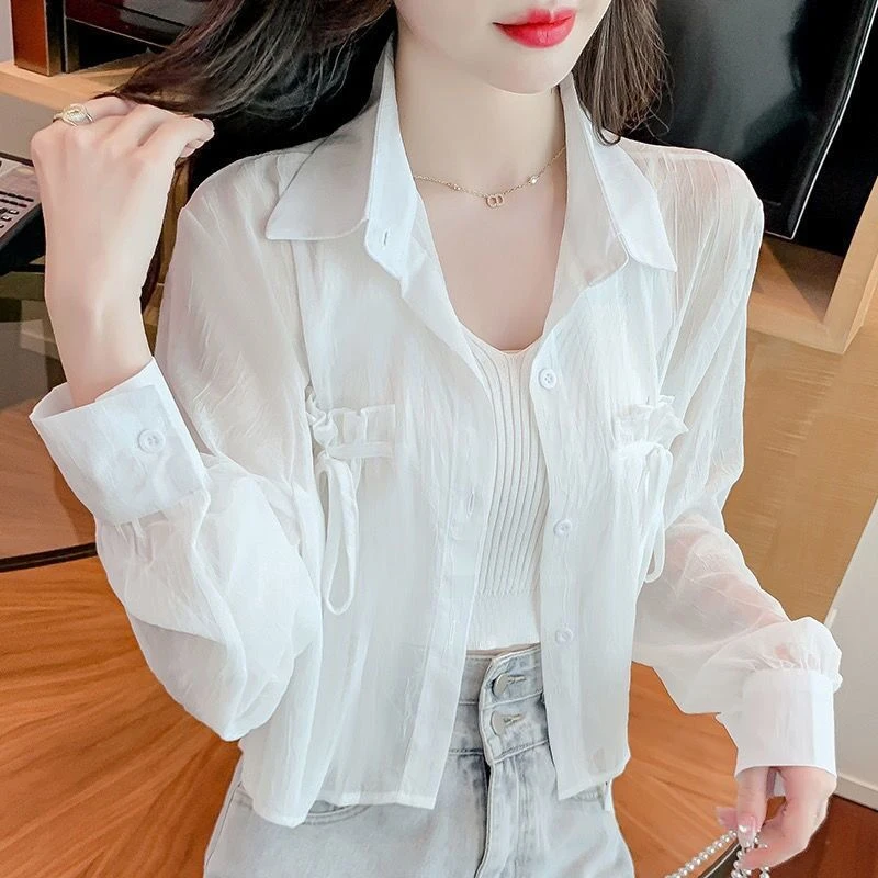 衣女款夏季外搭开衫设计感蝴蝶结衬衫女短上衣薄雪纺衫外套