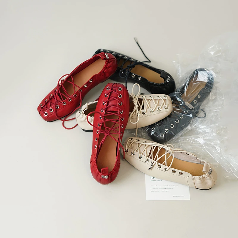 复古平底休闲芭蕾舞鞋女2025年夏季新款小众百搭交叉绑带方头单鞋