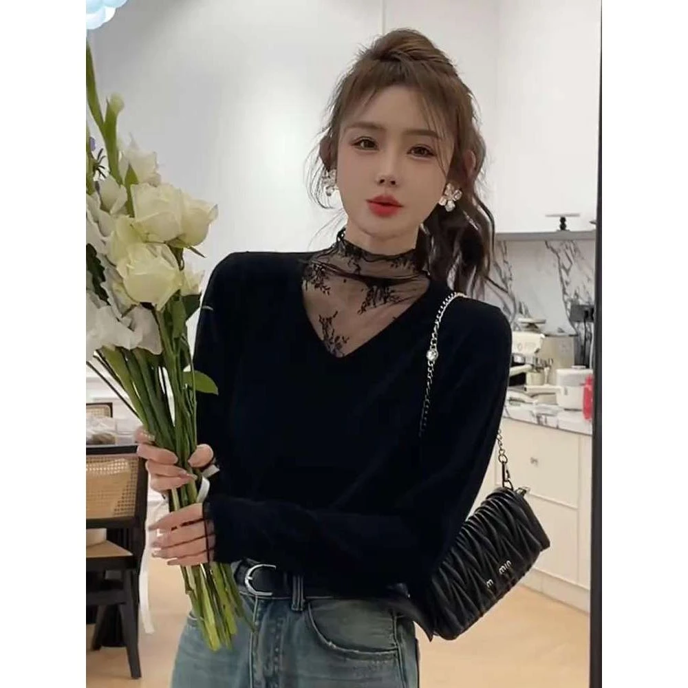 HYG韩系穿搭蕾丝拼接针织衫女秋冬半高领毛衣内搭长袖打底衫上衣