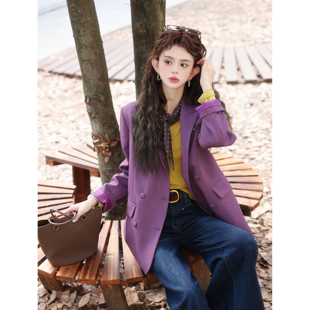 陈大器【香槟玫瑰】港风复古纯色长袖西装外套女百搭上衣JH06022