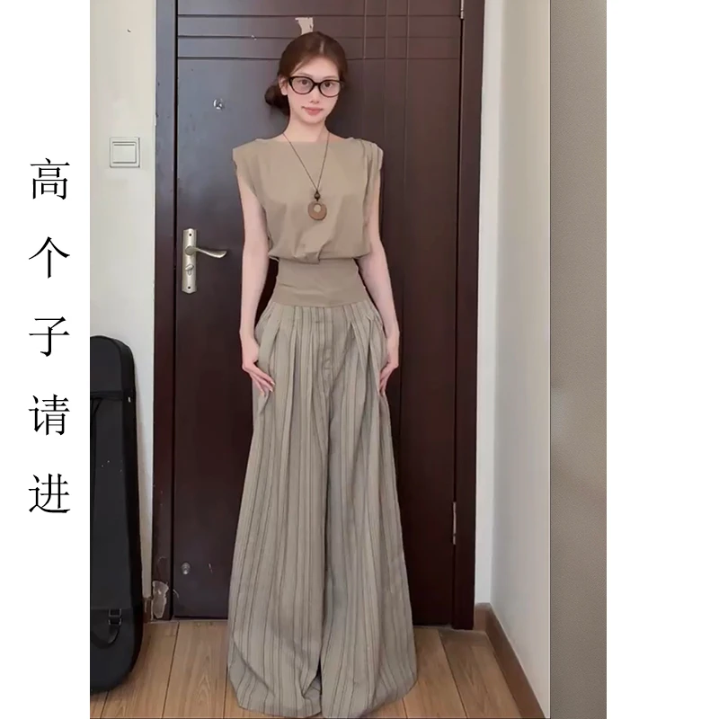 裤长112cm高个子加长通勤感条纹阔腿女夏褶皱设计休闲百搭直筒裤