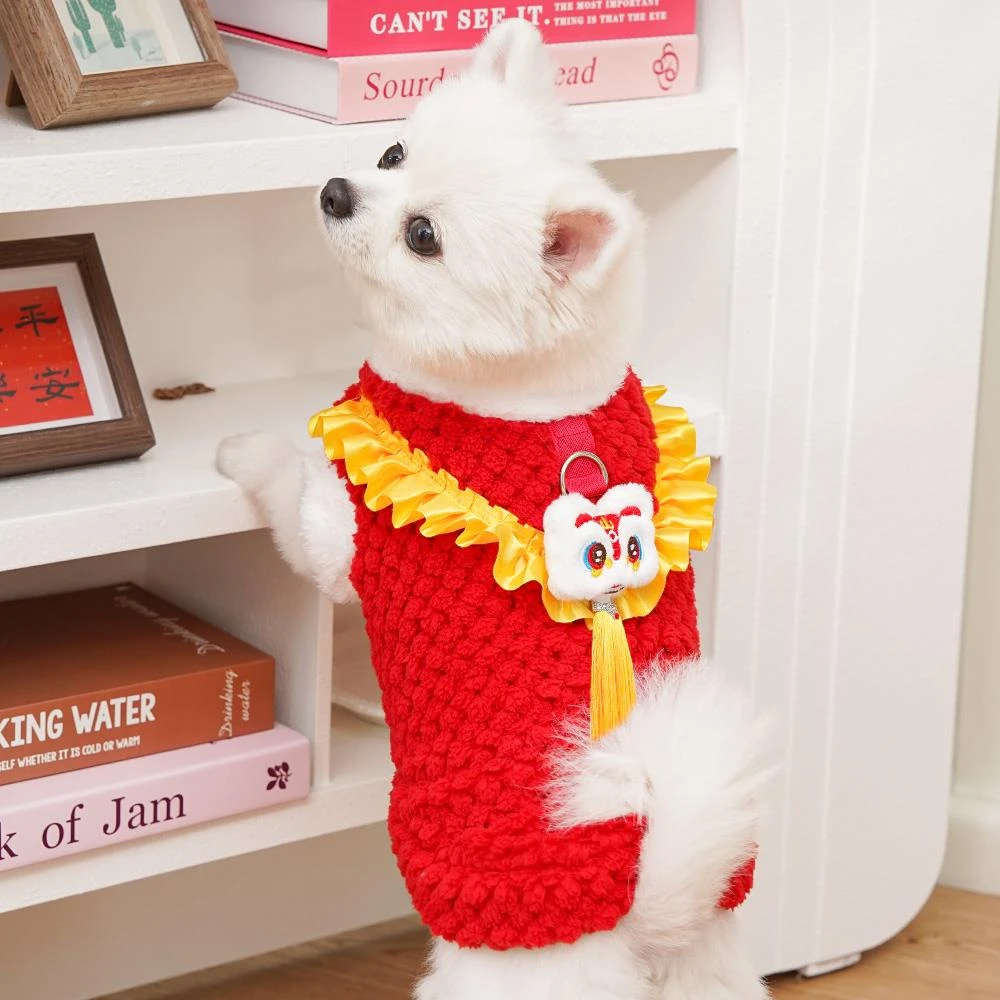 宠物新年款冬装流苏醒狮绒衣狗狗猫咪小中大型犬衣服国风唐装秋冬