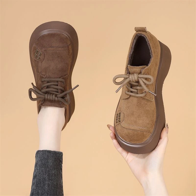 2025新款秋冬日系百搭增高低帮短靴风格乐福鞋女复古轻便软底卡其