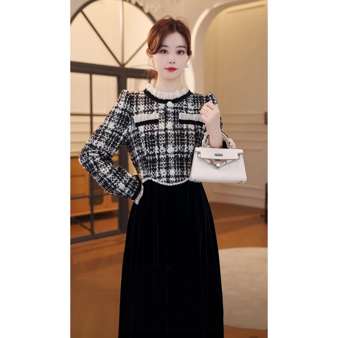 【嘉嘉JIANG】布鲁罗曼 法式冬时尚拼接黑色小香连衣裙 XJ254L1015