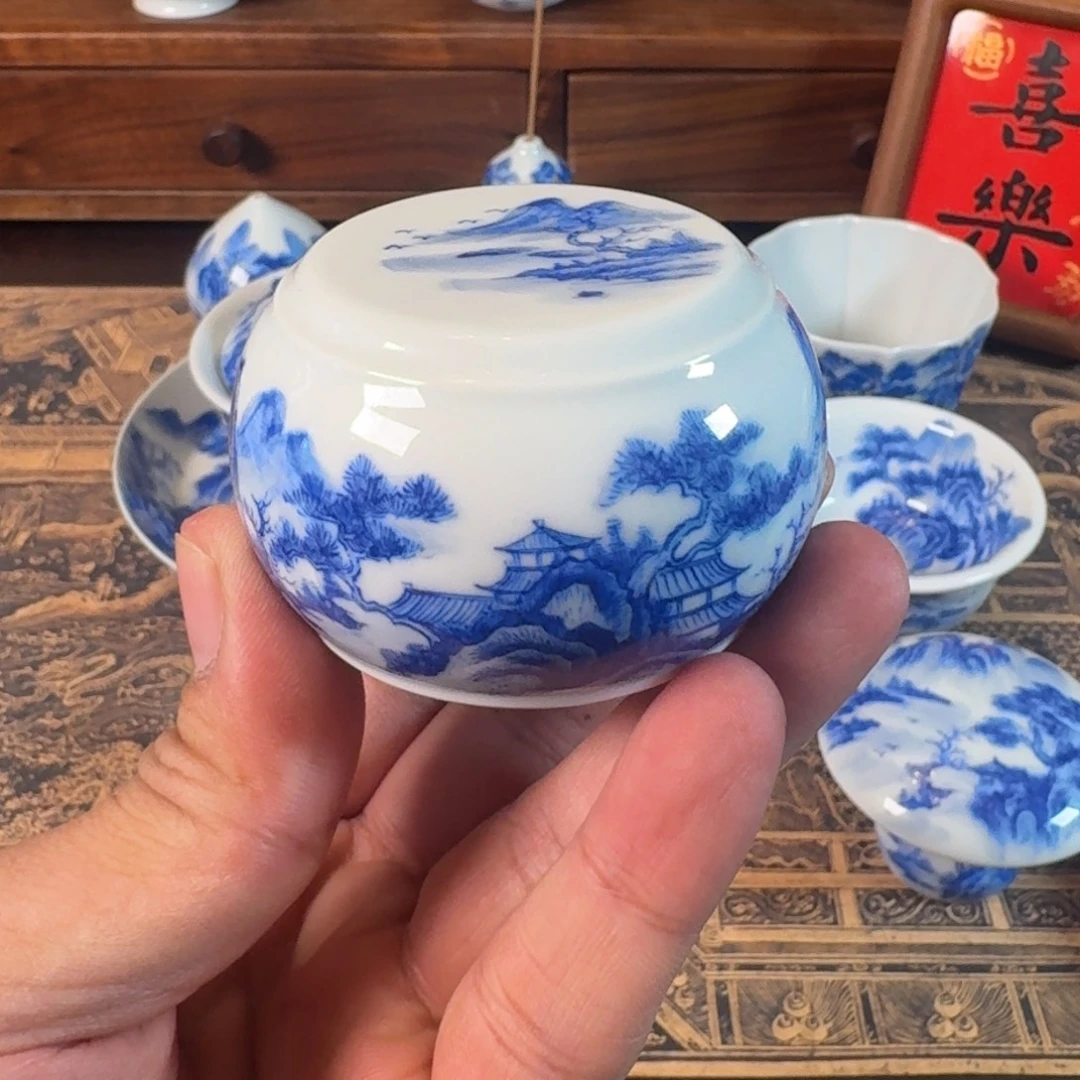 景德镇全手工手绘青花山水盖置