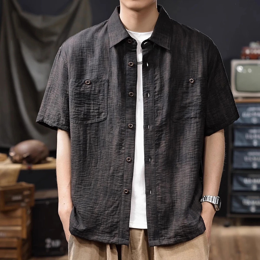高端亚麻透气提花工装短袖衬衫男士夏季新款美式痞帅翻领半袖衬衣