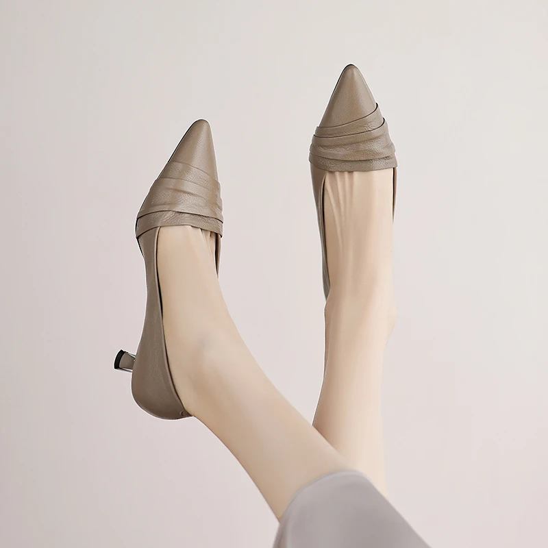 羊皮 跟高5CM 法式优雅简约百搭时尚气质舒适中跟尖头浅口单鞋女