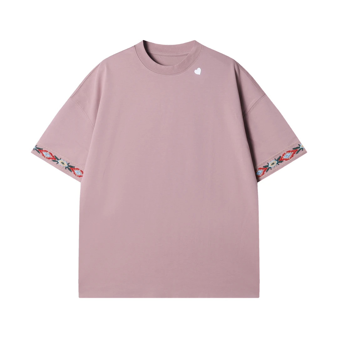 早春新款时尚个性重工刺绣袖边爱心印花圆领短袖T恤百搭休闲上衣