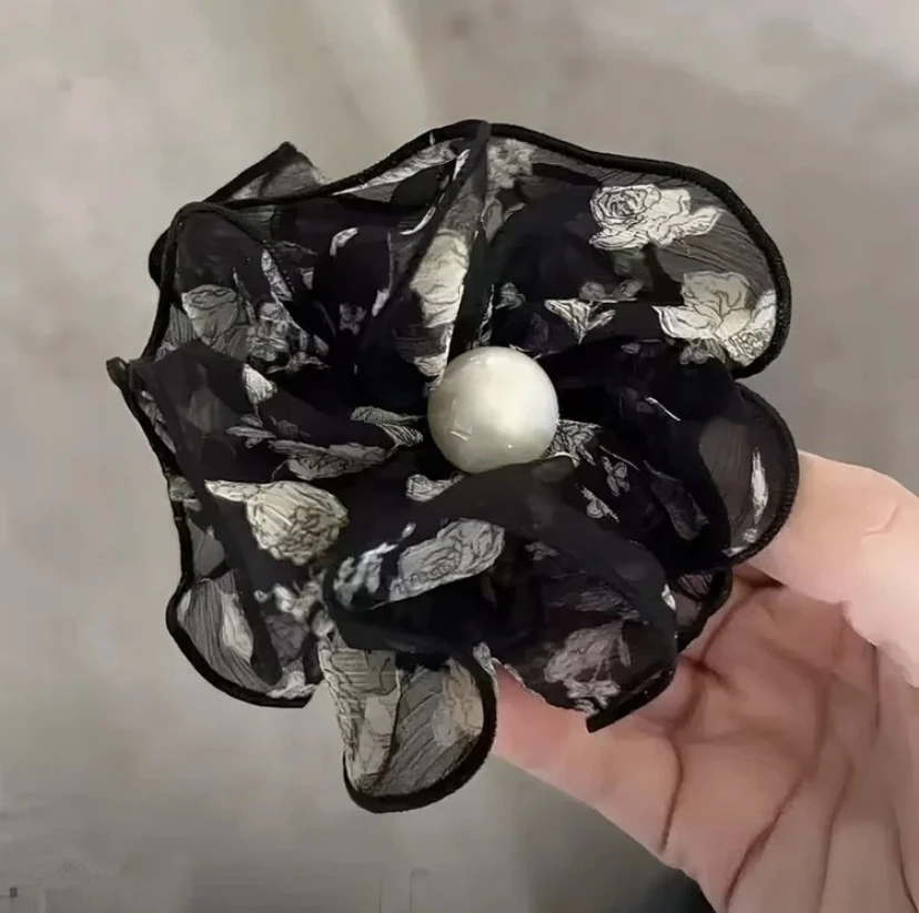 W优雅手工法式清新碎花百搭时尚花朵丸子夹抓夹女头饰发饰黑色