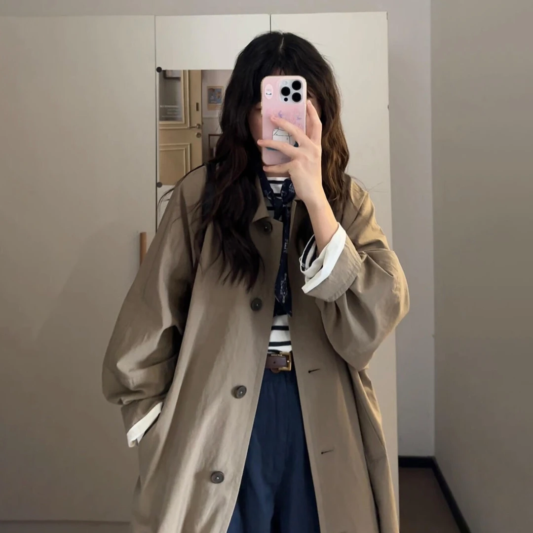 韩系卡其色长款风衣外套女早秋季2025新款高级感小个子中长款大衣