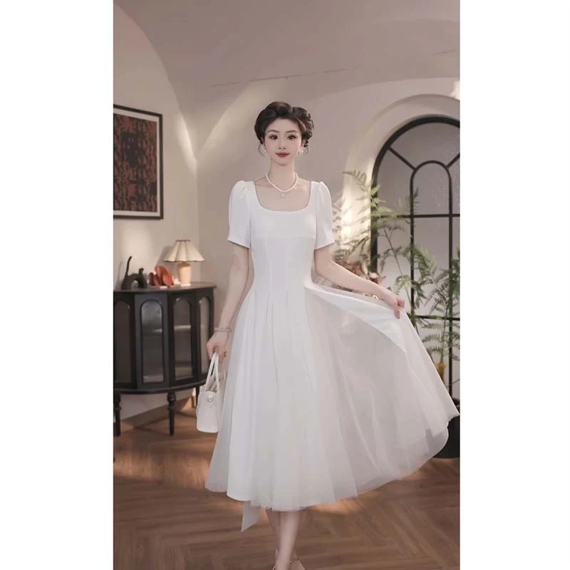 【有里布】绝美初恋法式温柔白色气质长裙显瘦收腰甜美连衣裙D1862