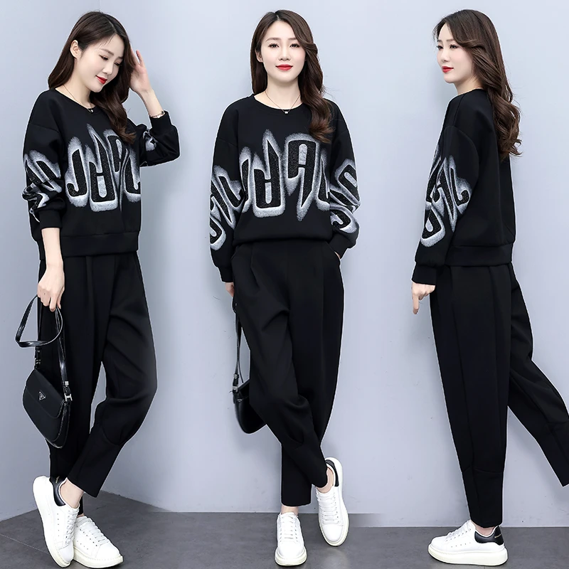 休闲时尚套装秋季设计感字母印花烫钻圆领卫衣裤子两件套BG#8009