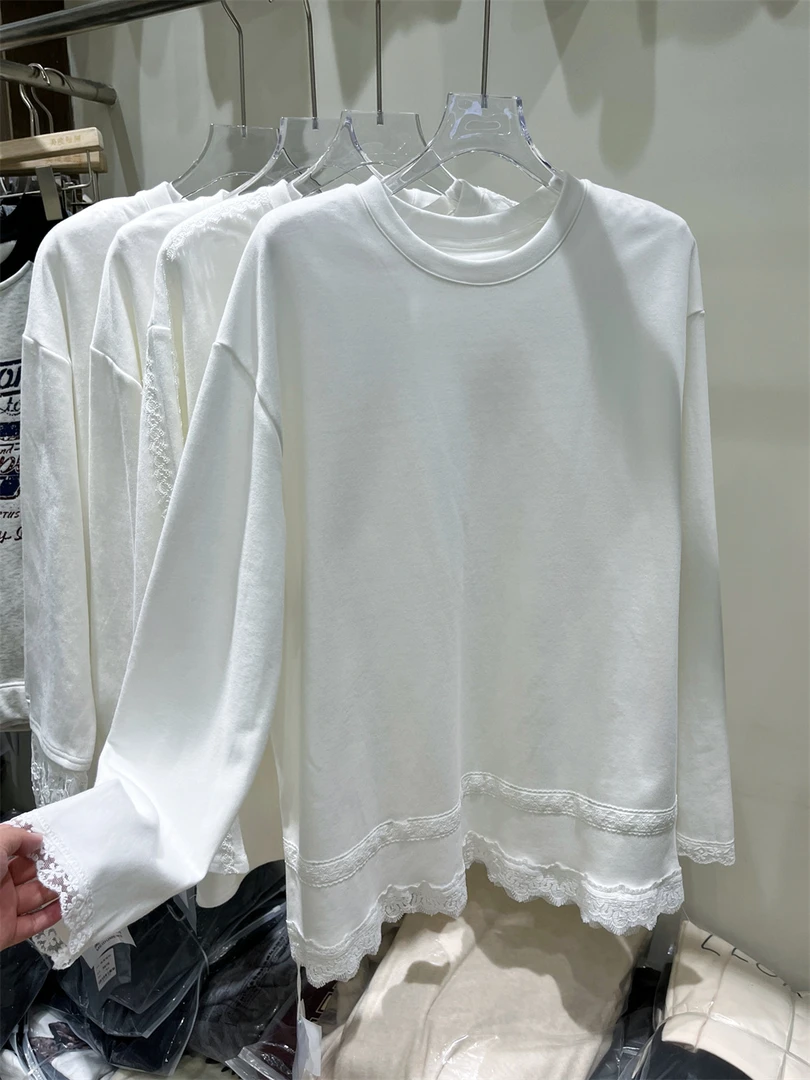 白色内搭打底衫女蕾丝花边甜美减龄加绒韩版冬季中长款T恤休闲潮