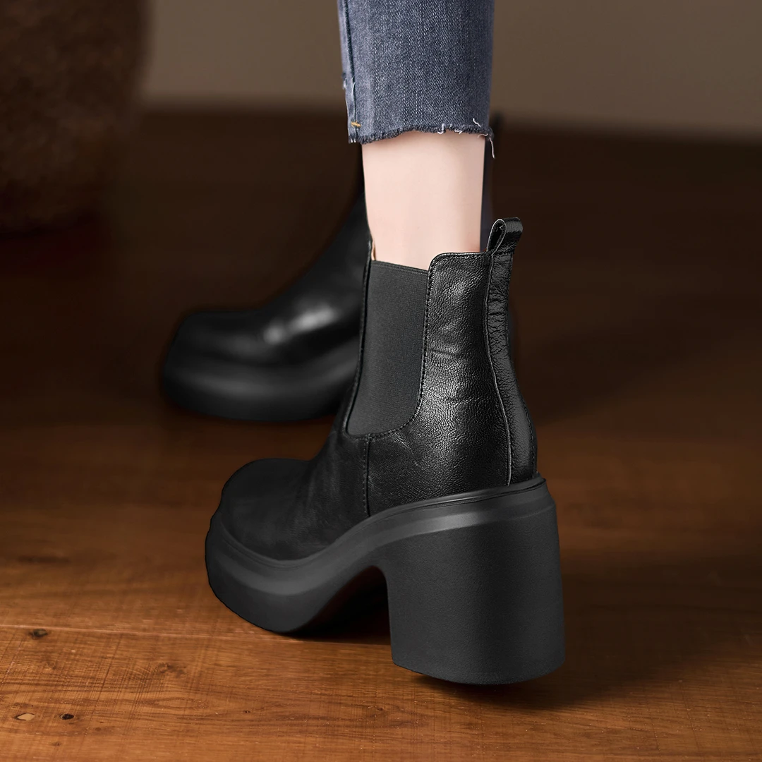 小个子增高9.5cm~明星同款鞋女款防水台不累脚短靴真皮切尔西靴子